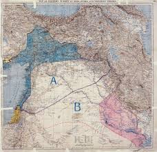 Map detailing the secret Sykes-Picot Agreement and the Ottoman Territory claimed by Britain and France